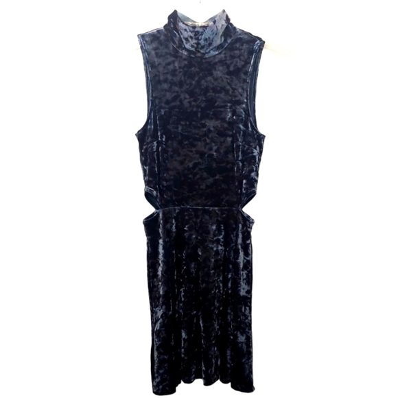Topshop Women's Size 2 Dress Crushed Velvet Blue Gray Skater Side Cut Out - Picture 2 of 10